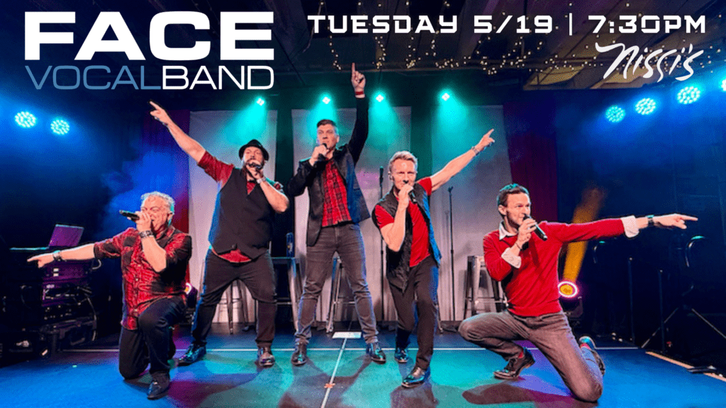 Five male singers perform on a lit stage, microphones in hand, striking energetic poses under colorful lights; FACE VOCAL BAND logo visible.