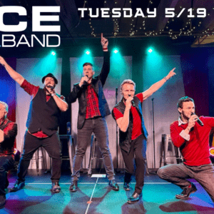 Five male singers perform on a lit stage, microphones in hand, striking energetic poses under colorful lights; FACE VOCAL BAND logo visible.