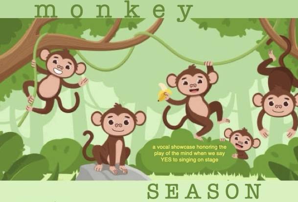 Cartoon jungle poster with several playful monkeys swinging on vines and the words 'monkey' at the top and 'SEASON' at the bottom, promoting a monkey-themed vocal showcase.
