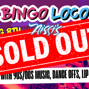 Colorful Bingo Loco event poster with a large red 'SOLD OUT' stamp across it, signaling tickets are sold out.