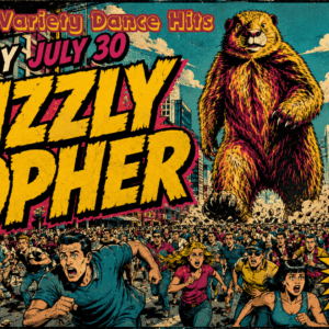 Vintage comic poster for 'Grizzly Gopher' showing a giant bear looming over a panicked city crowd, with July 30 and Variety Dance Hits banners at Missy’s.