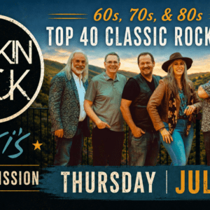 Promotional poster for a classic rock show by 'Lookin Back' with six performers outdoors, advertising free admission on Thursday, July 16 (60s–80s hits).
