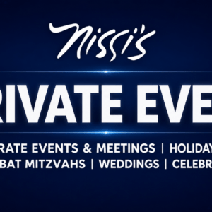 Dark blue gradient banner announcing a 'PRIVATE EVENT' with a list of services like corporate events, holidays, weddings, and celebrations underneath.