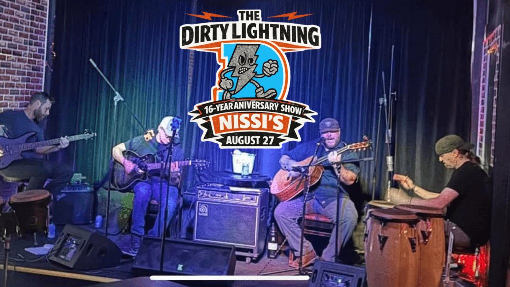 Live music scene with four musicians on a small stage; guitars, conga drums, and amplifiers, plus a bold 'The Dirty Lightning' logo banner.