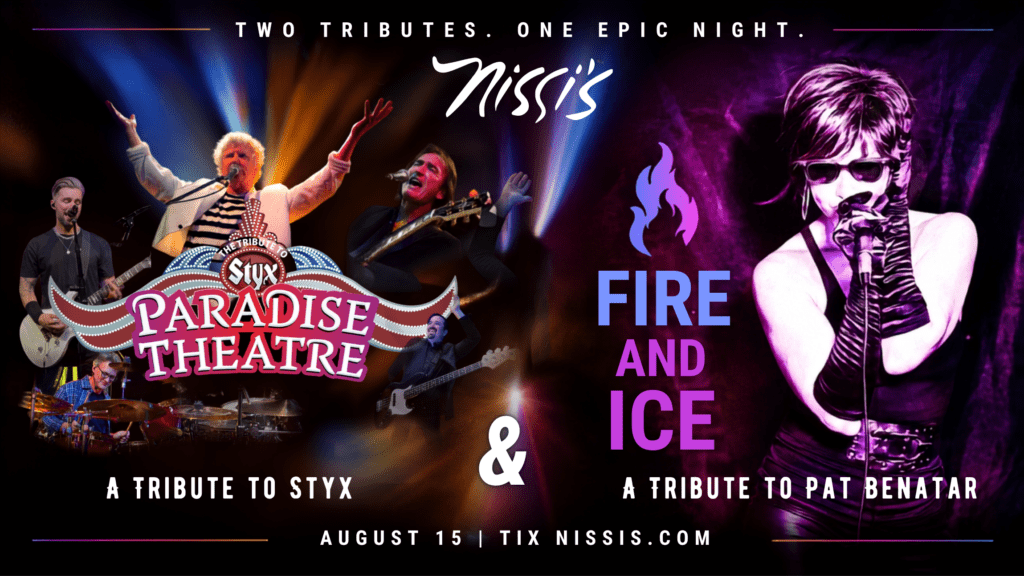 Poster for two tribute shows featuring Styx tribute Paradise Theatre and Pat Benatar tribute, with stage performers and bold text: Two Tributes. One Epic Night.