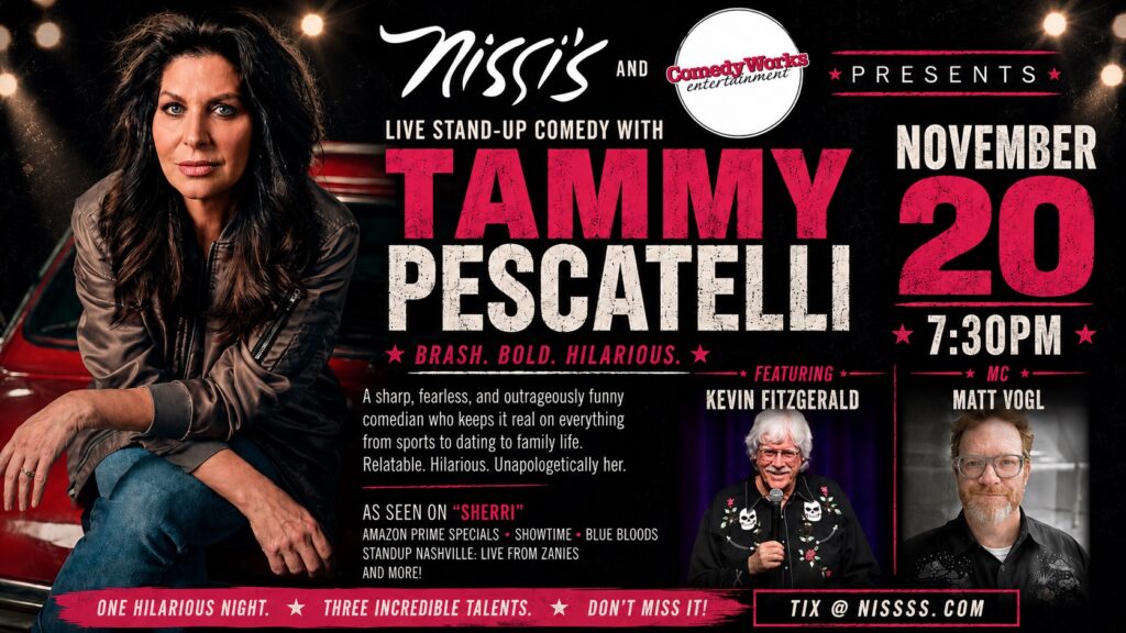Promotional poster for Tammy Pescatelli stand-up show, featuring a woman in a brown jacket on the left and bold pink text 'TAMMY PESCATELLI' on black background.
