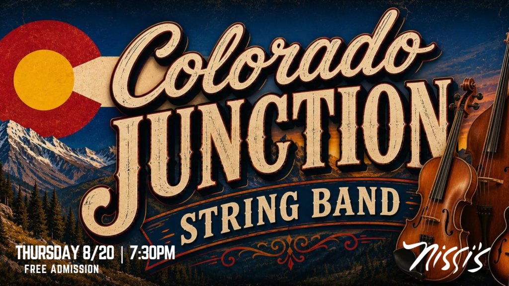 Promotional poster for a Colorado country string band event, featuring a vintage beige script 'Colorado' and bold 'STRING BAND' text, a violin on the right, mountains and Colorado flag motif, and event details like date and time.