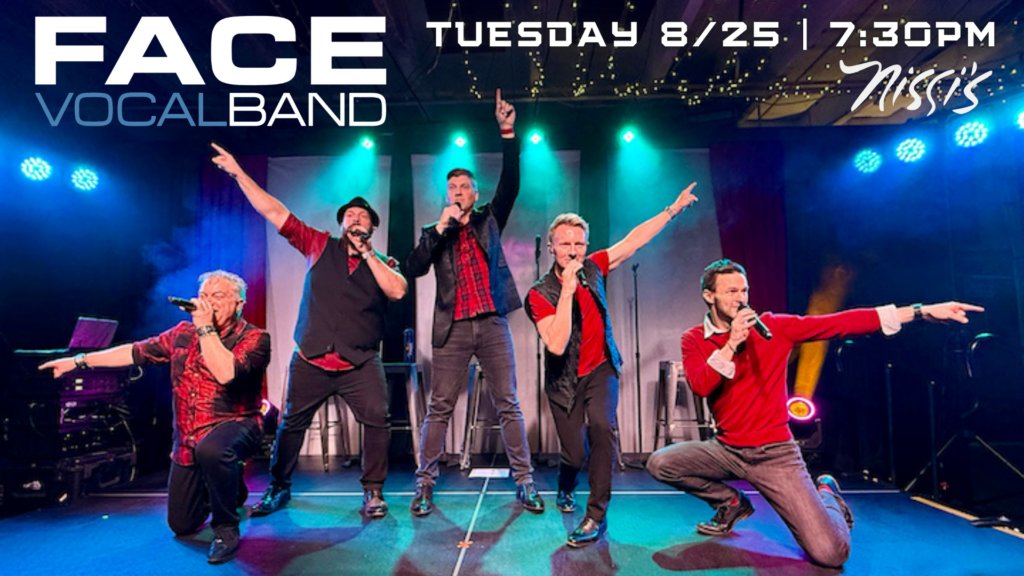 Five male singers perform on a brightly lit stage, microphones in hand, with the large 'FACE VOCAL BAND' banner above them and colorful stage lights behind.