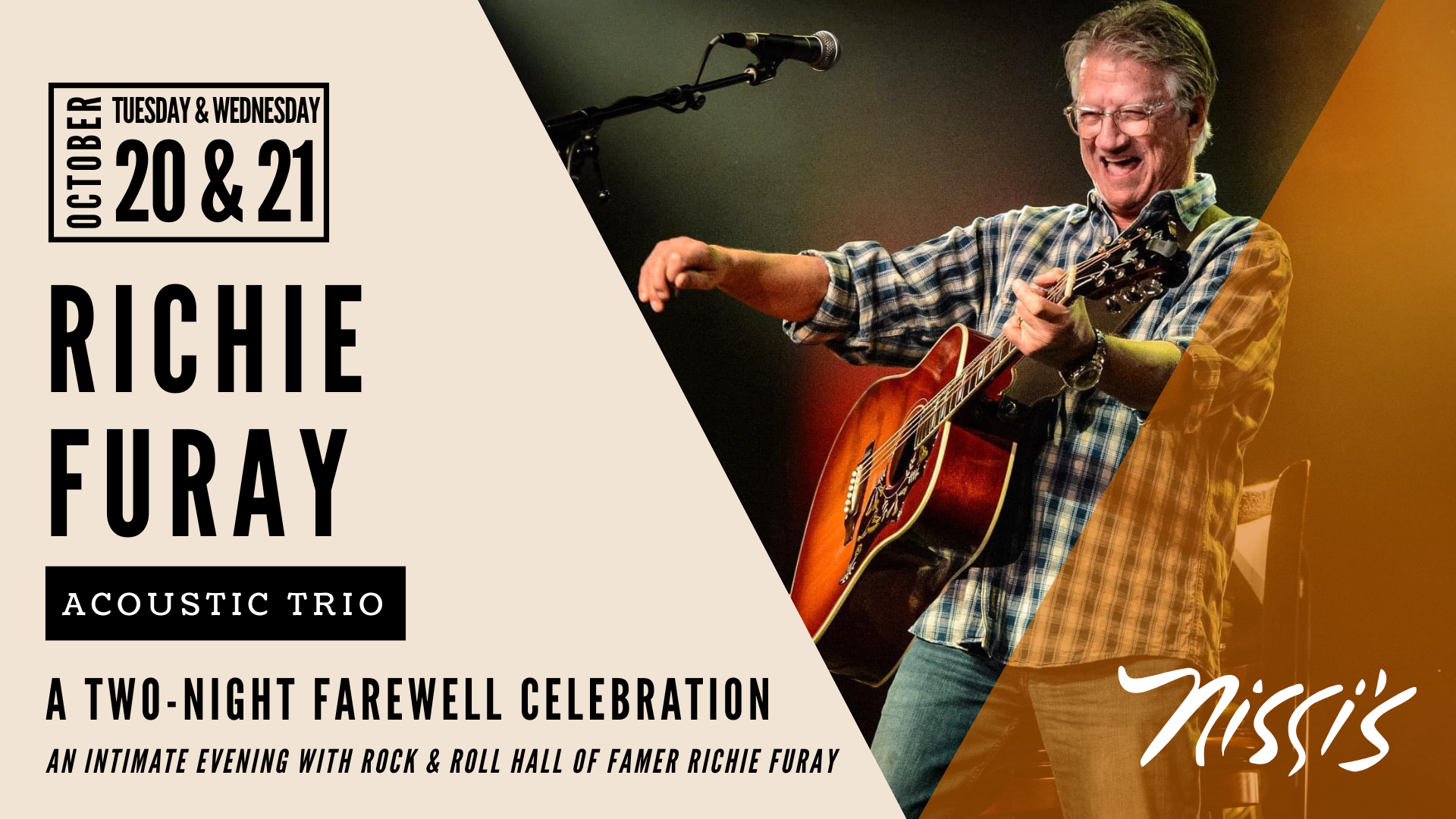 Poster for Richie Furay Acoustic Trio two-night farewell concert on October 20 & 21 with bold typography and guitar image on stage.