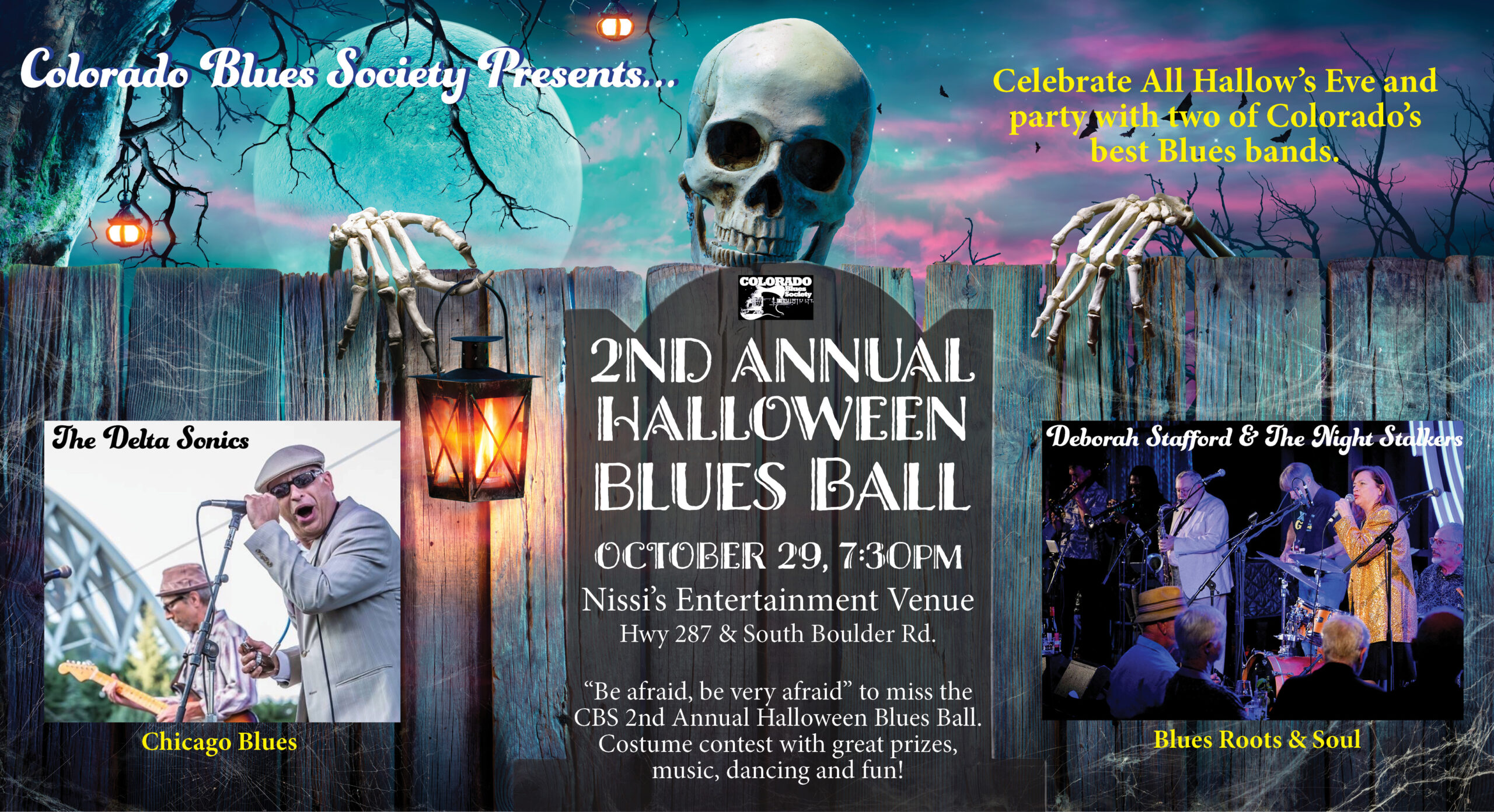 Colorado Blues Society’s 2nd Annual Halloween Blues Ball poster with a skull over a wooden fence; October 29, 7:30 PM at Nissi’s Entertainment Venue (Hwy 287 & S. Boulder Rd).