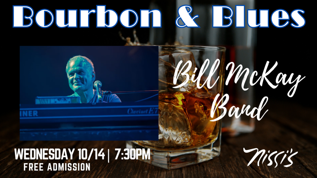 Promotional poster for Bourbon & Blues; a musician at a keyboard beside a glass of bourbon, with date and time: Wednesday 10/14 at 7:30 PM, free admission.
