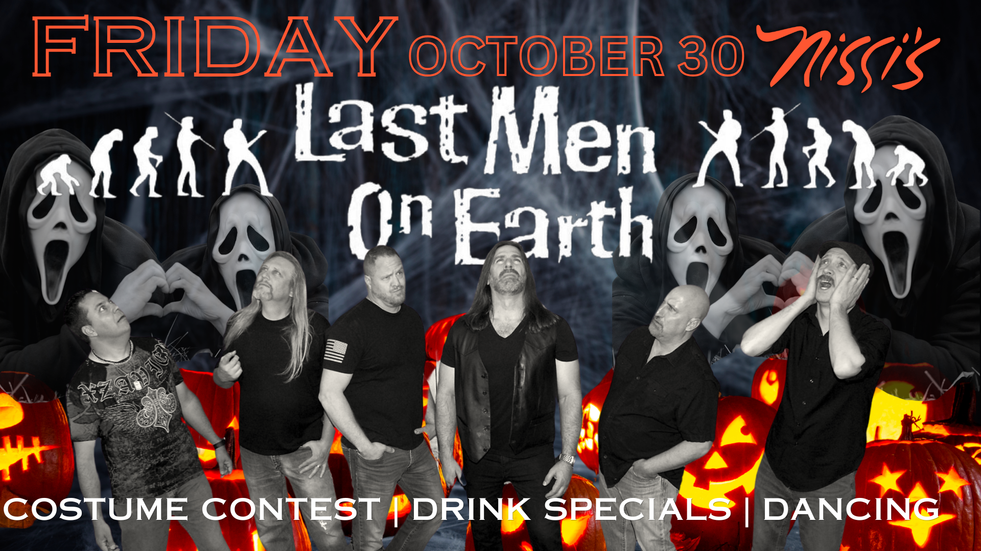 Halloween event poster for Last Men on Earth with spooky ghosts, pumpkins, and text about a costume contest and drink specials.