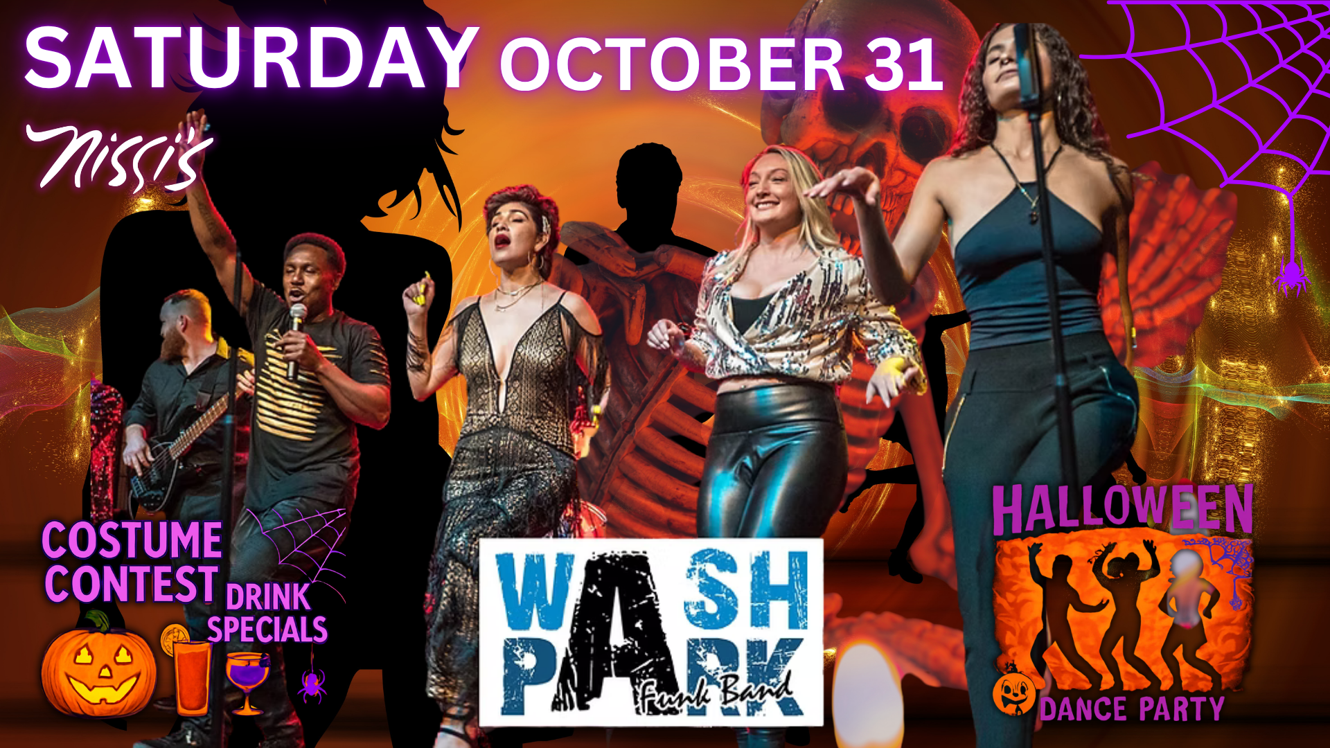 Halloween event poster with performers on stage, bold “SATURDAY OCTOBER 31” headline, and notes for a costume contest and drink specials.