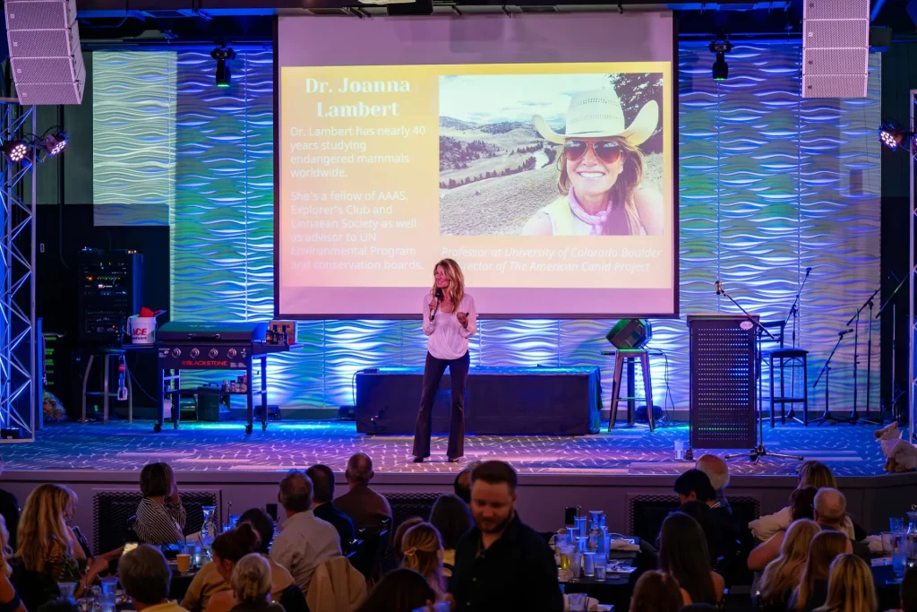 A presenter speaking on Nissi’s stage beside the projection screens