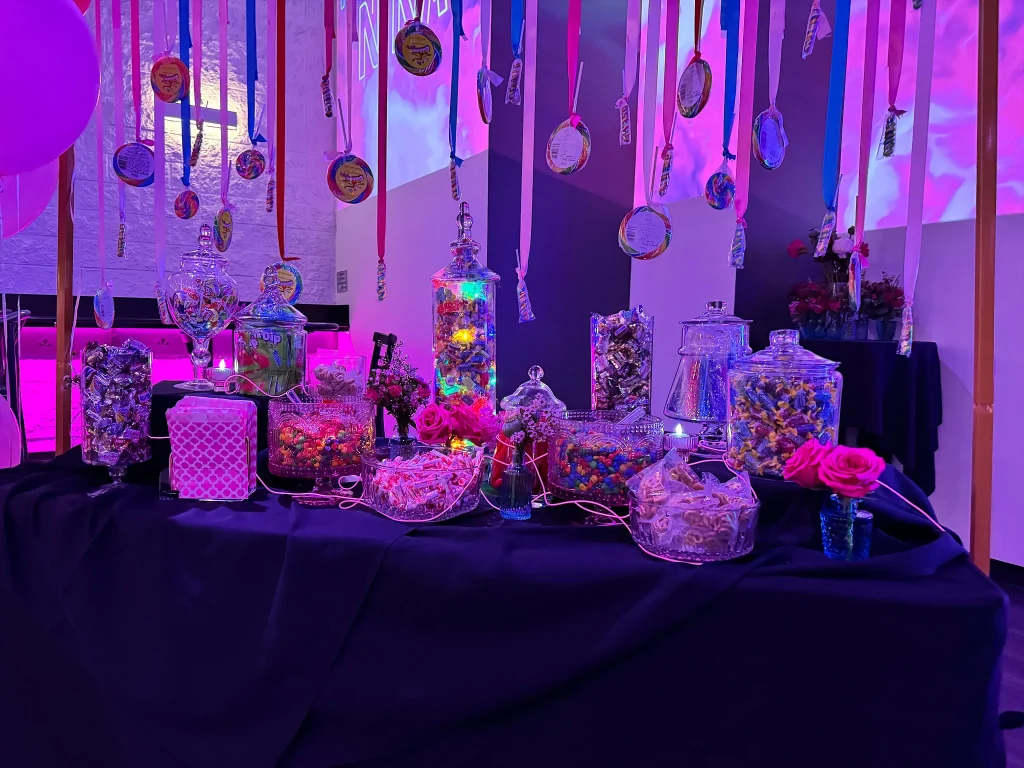 Candy and dessert display decorated for a mitzvah at Nissi’s